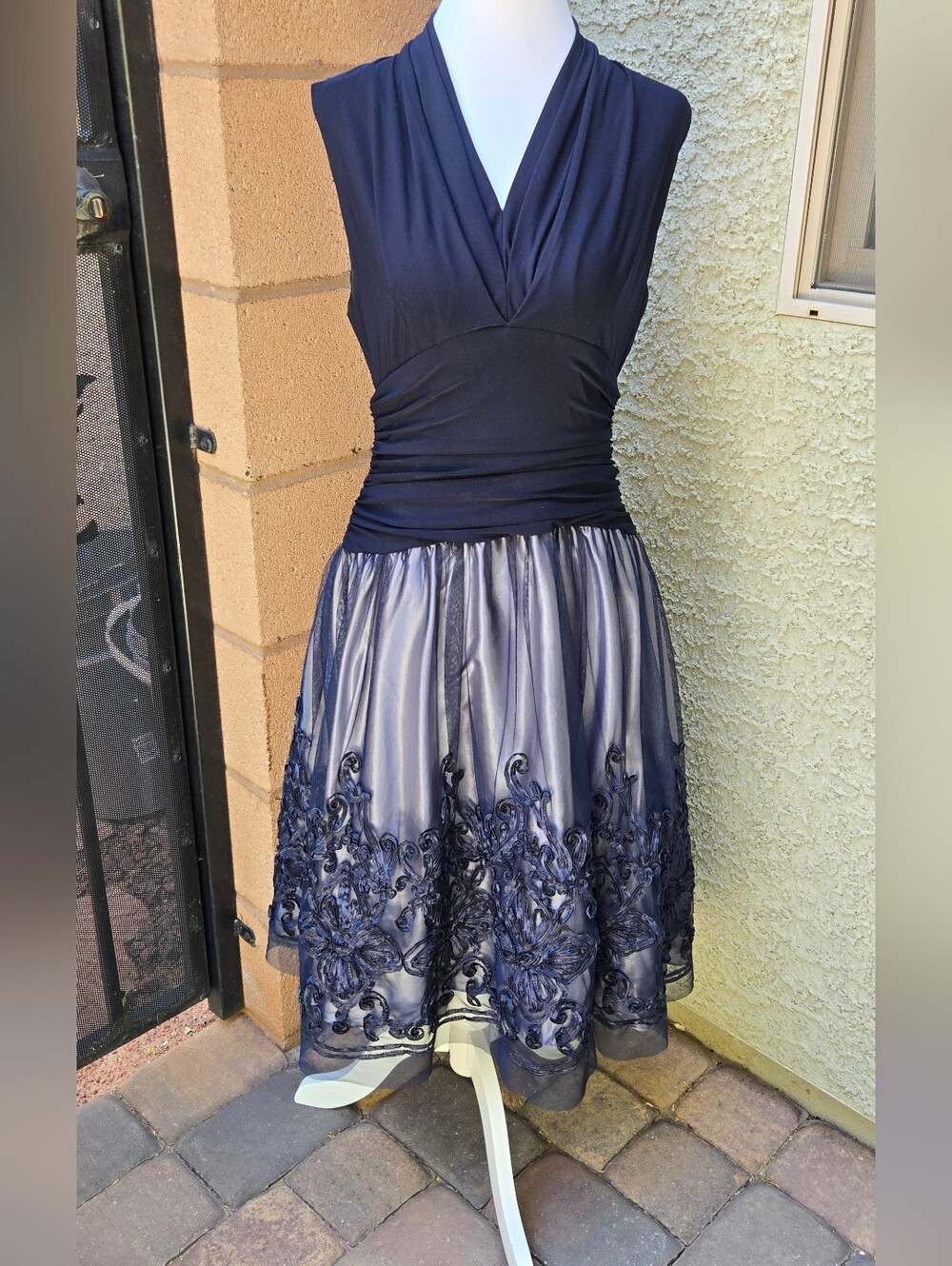 SLNY Navy Blue Embroidered A-Line Dress